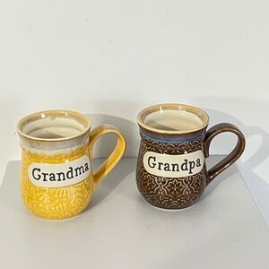Cracker Barrel Coffee Mug Set  Yellow Brown Grandma Grandpa Stoneware